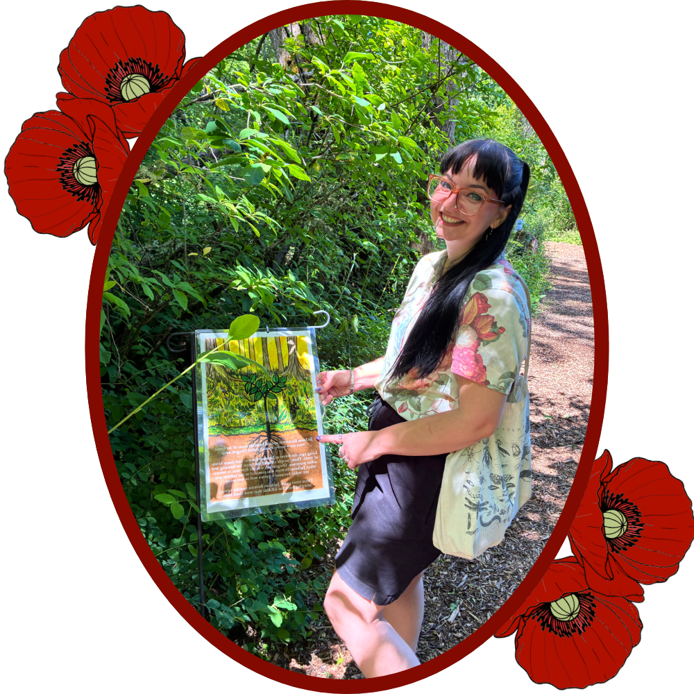 Photo: Dorian poses with their original artwork created to support Jackson Bottom Wetland’s nature conservation programming.